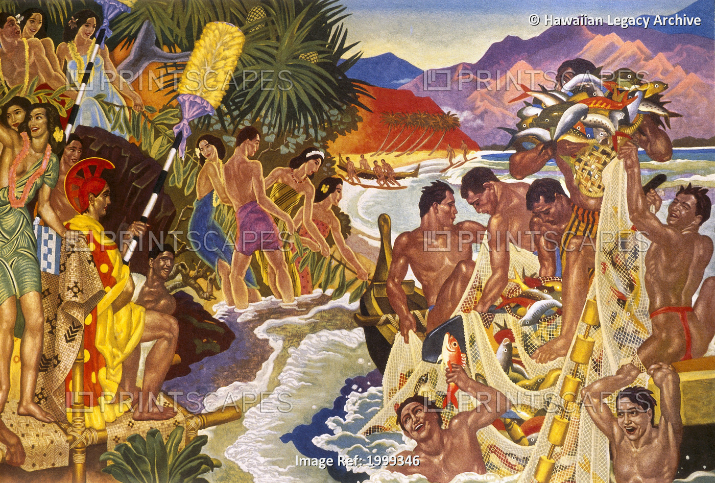 Artwork Depicting Primitive Pacific Islanders Fishing On The Coast