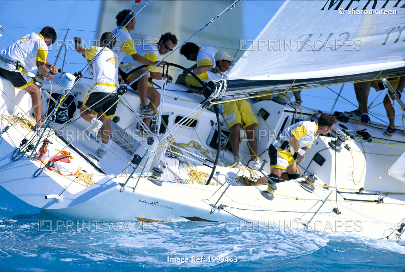 Florida, Key West Race Week, Close-Up View Of Boat, Crew On Leaning Deck