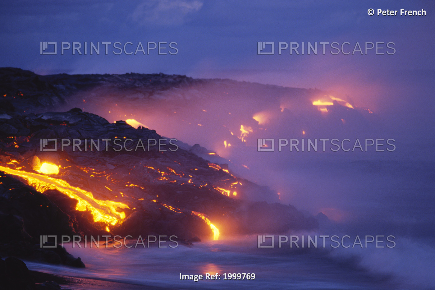 Hawaii, Big Island, Kilauea, Lava Flow Into Ocean At Twilight, Smoke Orange ...