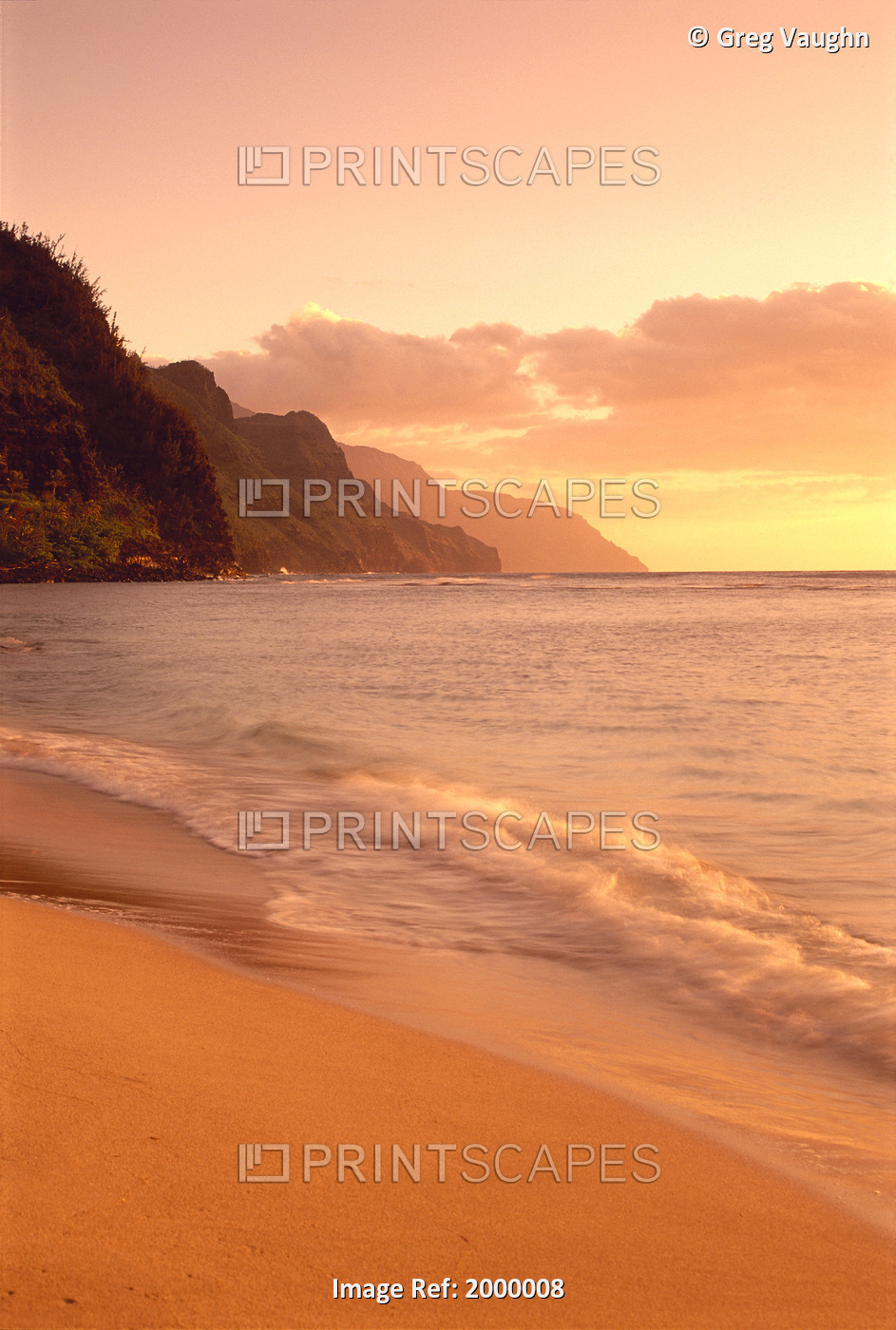 Hawaii, Kauai, Na Pali Coast, At Sunset From Kee Beach, Golden Skies And Sand ...