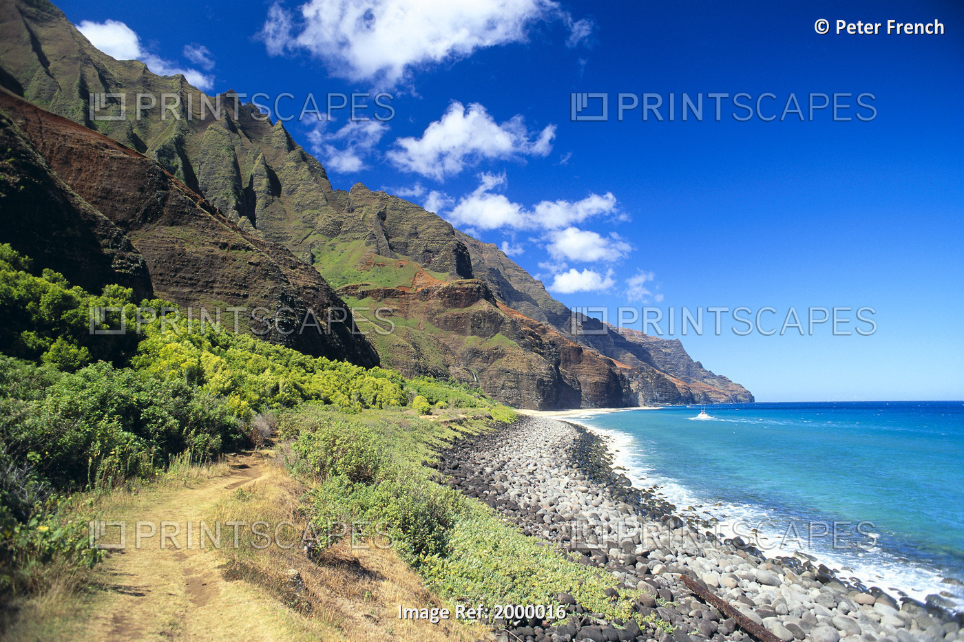 Hawaii, Kauai, Na Pali Coast, Scenic Coastline, Beach, Boat In Ocean, Blue ...