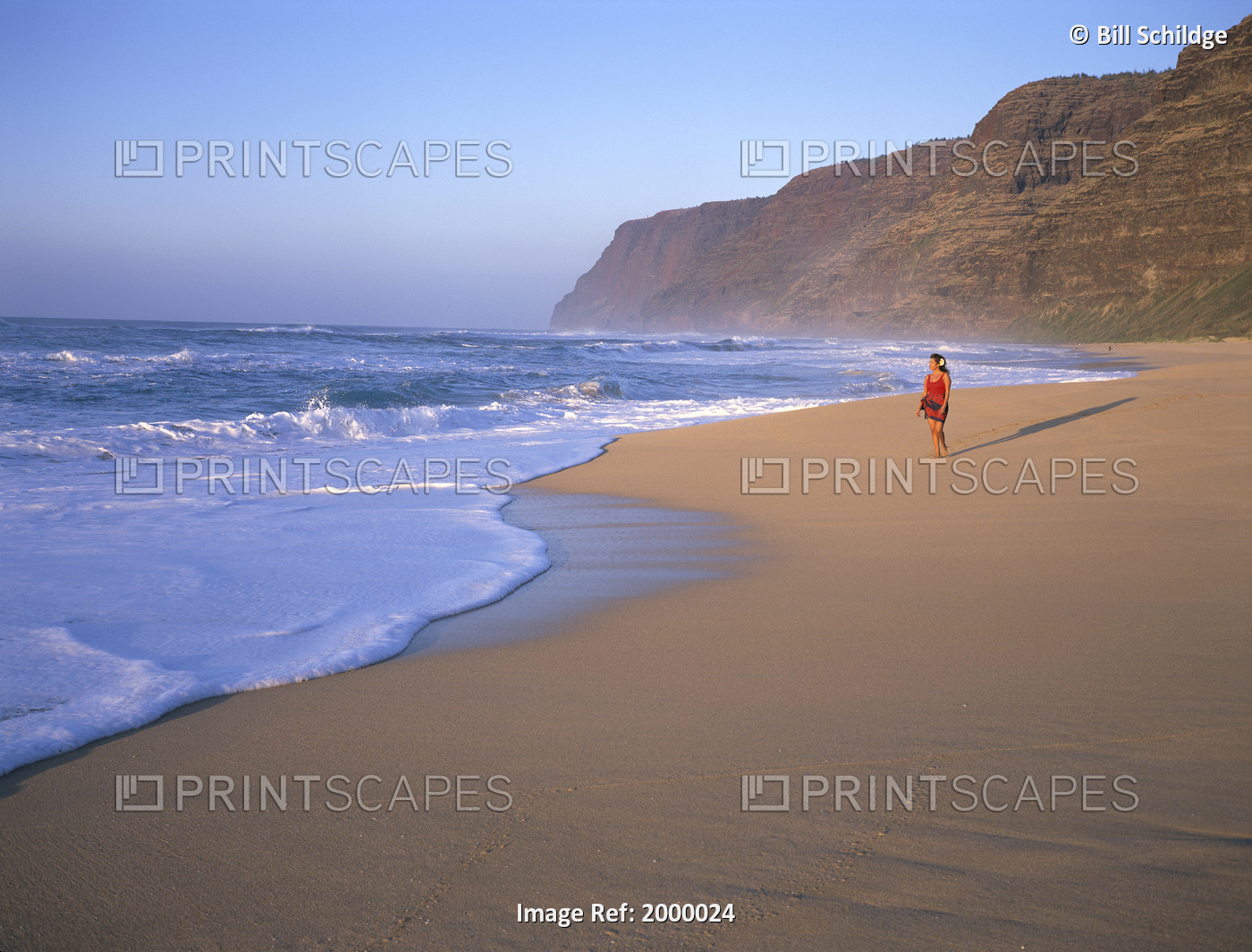 Hawaii, Kauai, Woman Walking Along Beach, Small Mountain, Blue Sky And Ocean