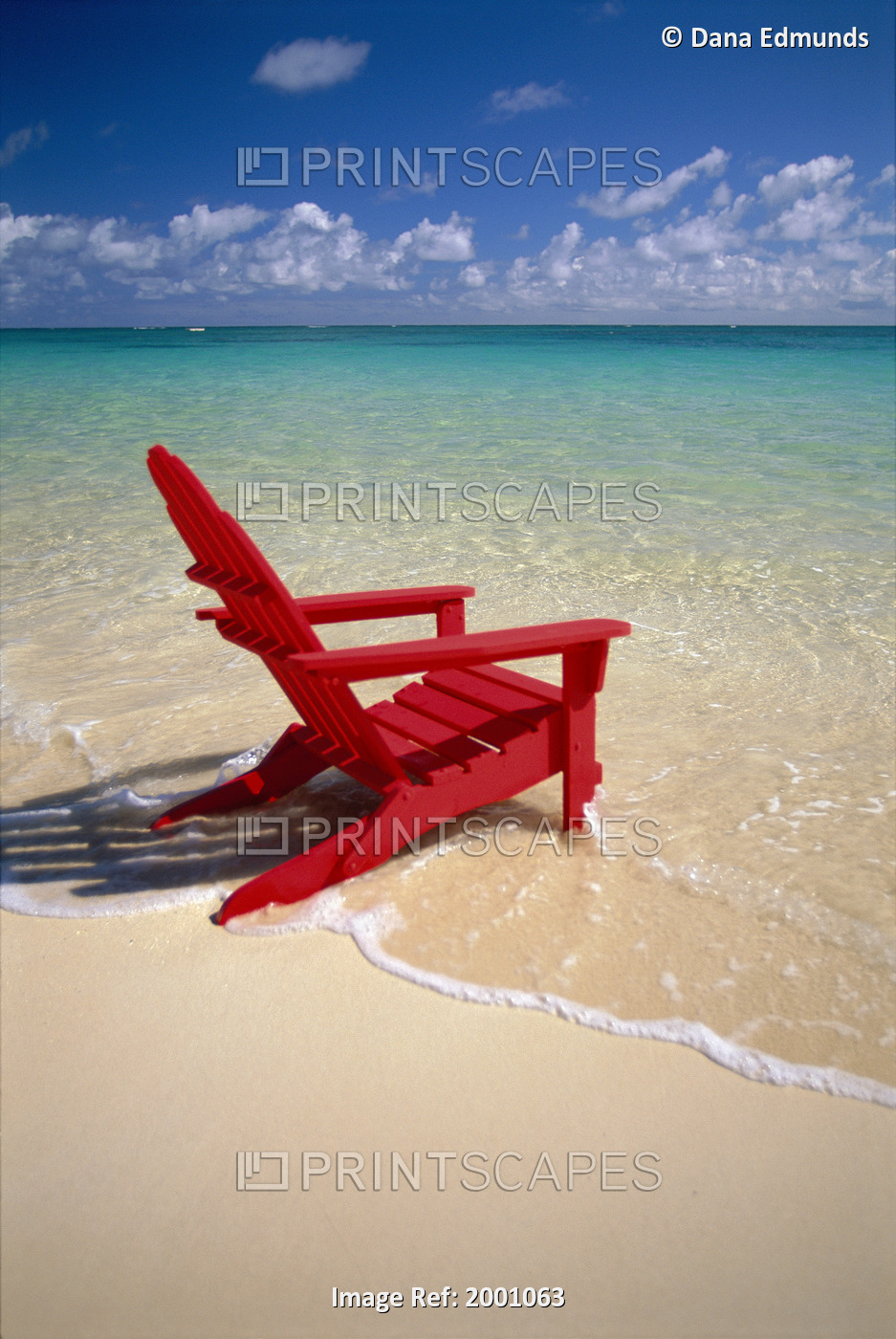 Red Beach Chair Along Shoreline, Turquoise Ocean, Calm