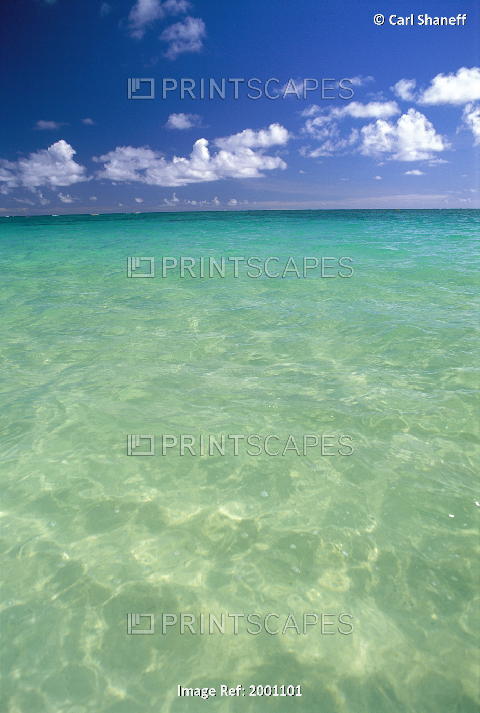 Calm Turquoise Ocean With Sandy Bottom Blue Sky And Clouds