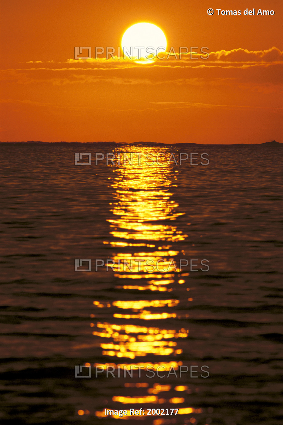 Sunset Reflections On Dark Ocean Water, Sun Ball In Orange Sky