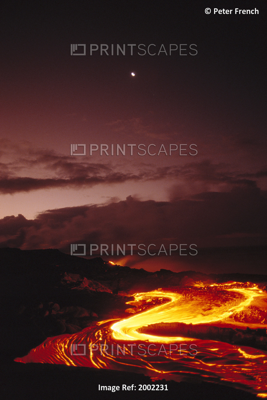 Hawaii, Big Island, Hawaii Volcanoes National Park, Moon Over Lava Flow At Dawn