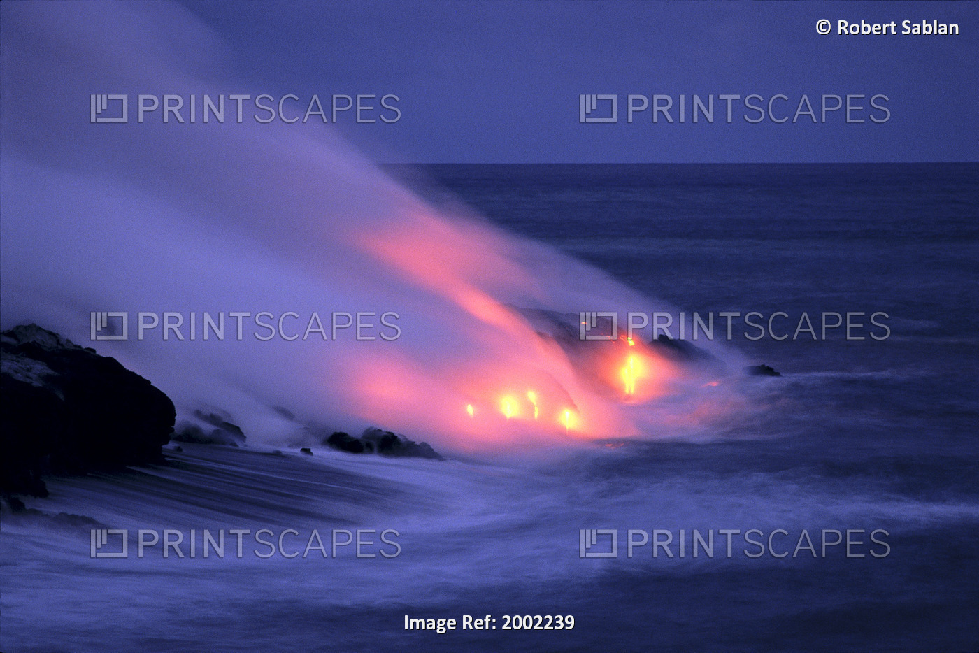 Hawaii, Big Island, Lava Entering Sea At Twilight With Glowing Pink Smoke, ...