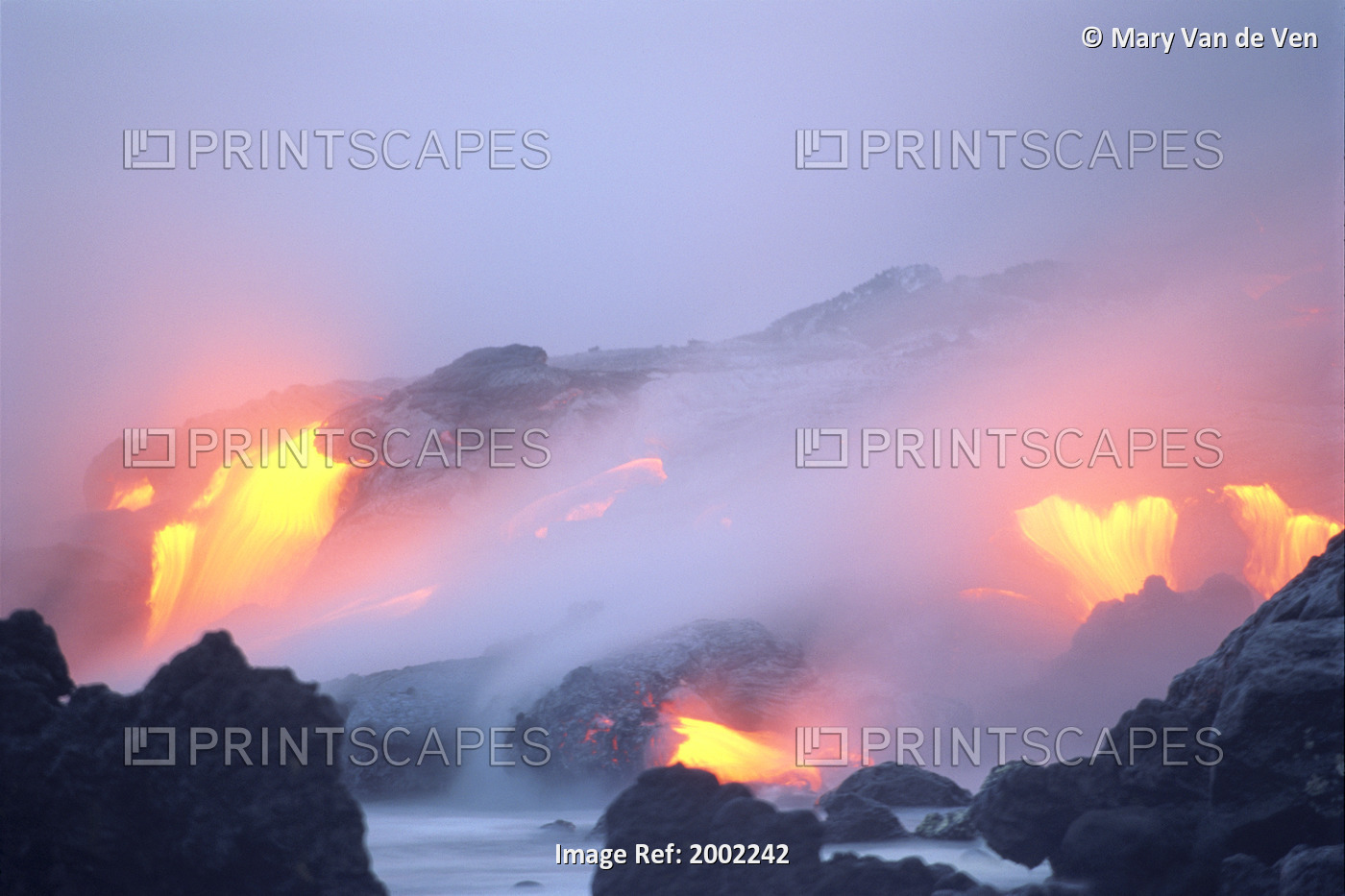 Hawaii, Big Island, Glowing Orange Lava Flow Into Ocean, Gray Smoky Sky