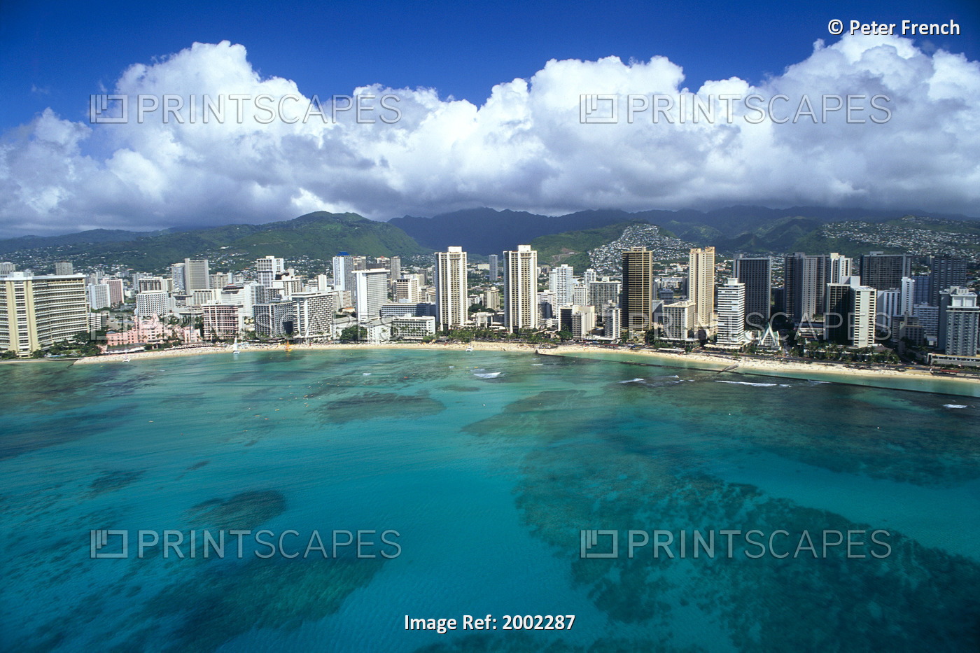 Hawaii, Oahu, Waikiki, Aerial View From Ocean Looking Toward Mountains