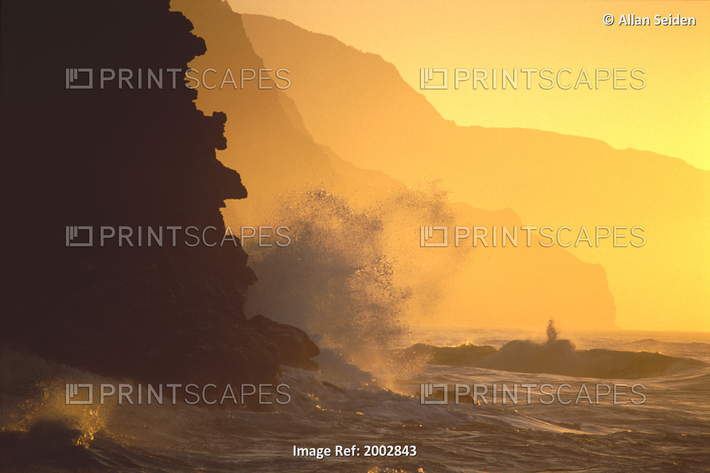 Hawaii, Kauai, Na Pali Coast At Sunset From Haena, Crashing Waves Against ...