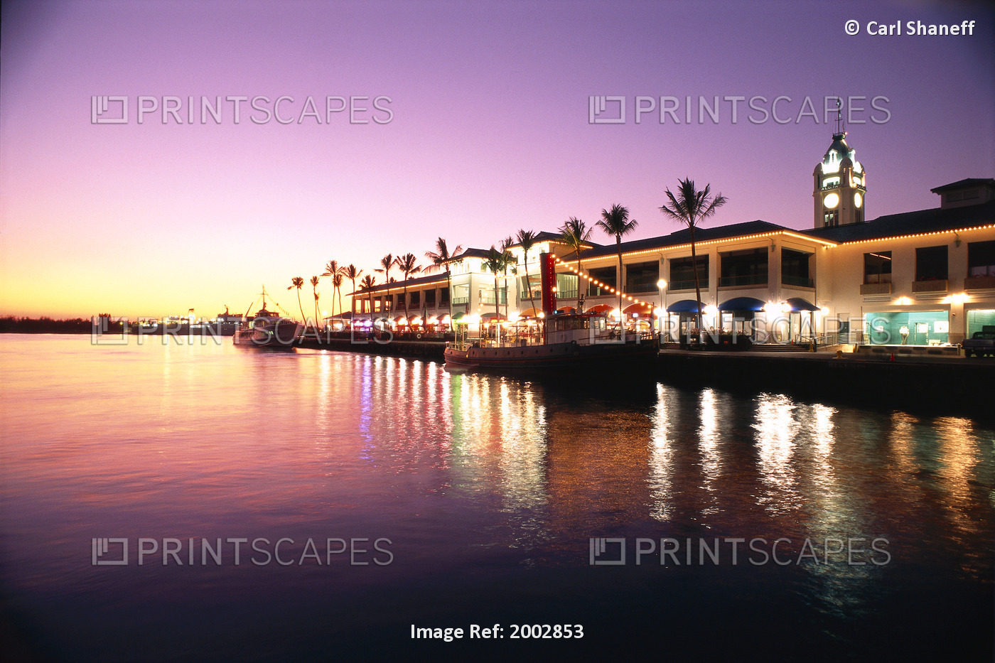 Hawaii, Oahu, View Of Aloha Tower And Harbor At Sunset, Pink And Yellow Tones