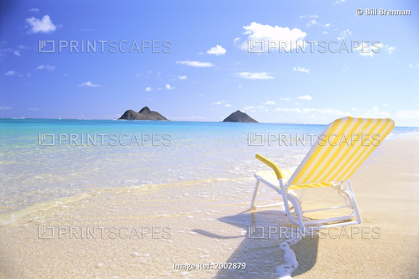 Hawaii, Oahu, Lanikai Beach, Empty Yellow Beach Chair, Clear Shore Water, Blue ...