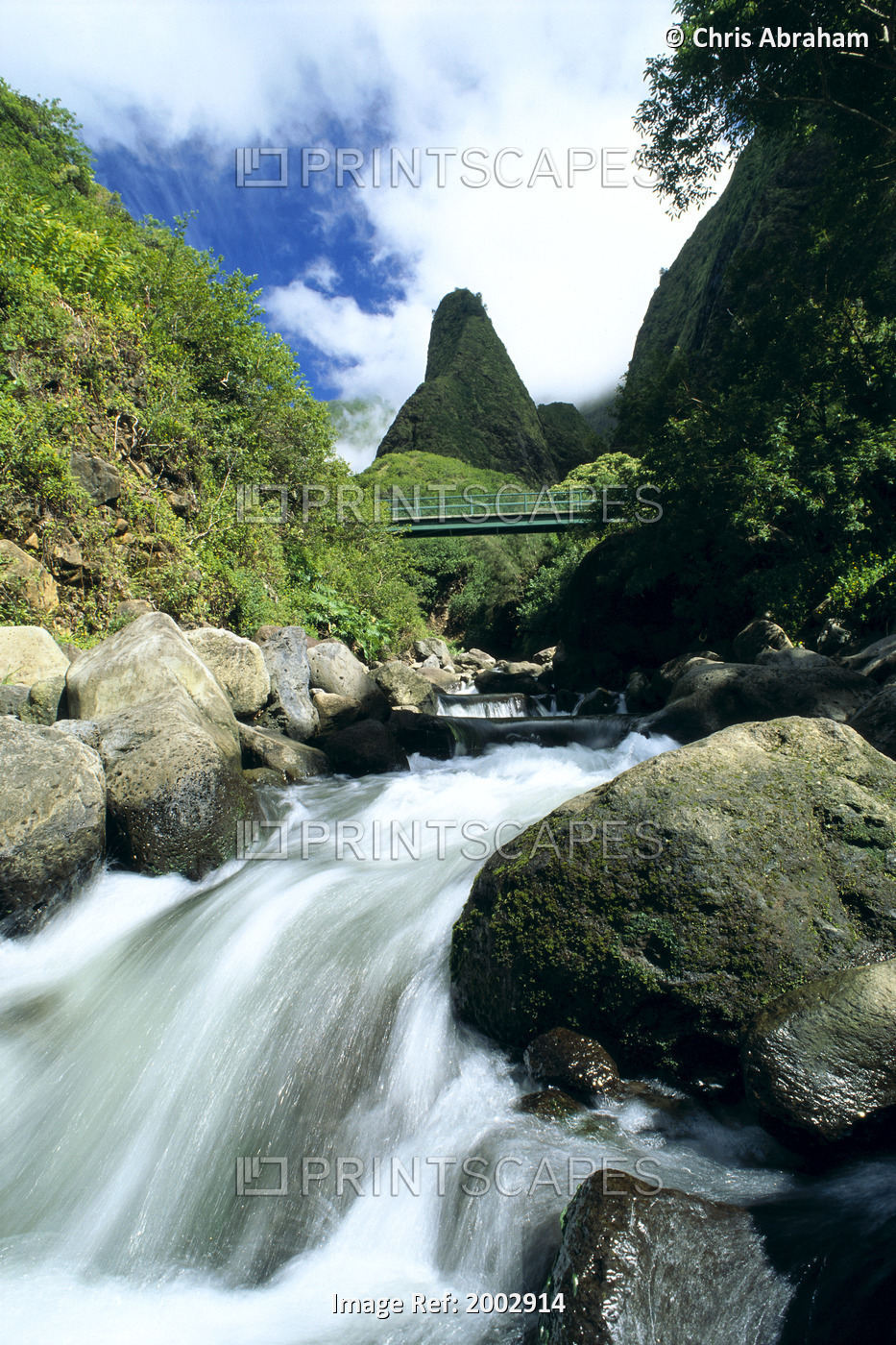 Hawaii, Maui, Iao Valley, Iao Needle In Background, Rushing Stream In Foreground