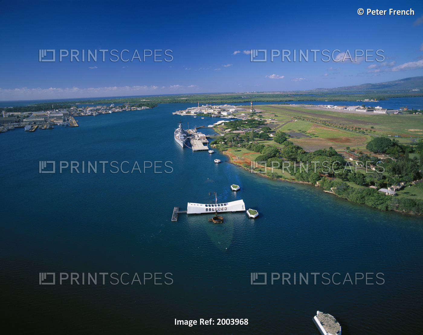 Hawaii, Oahu, Pearl Harbor, Aerial Over U. S. S. Arizona Memorial With U. S. S. ...