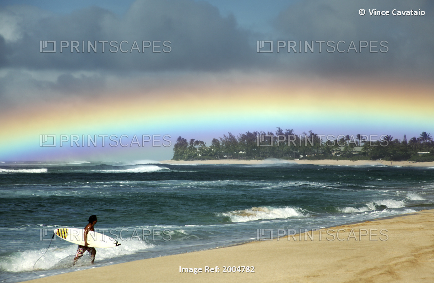 Hawaii, Oahu, North Shore,/Nsurfer Exiting Water Admires A Beautiful, Bright ...