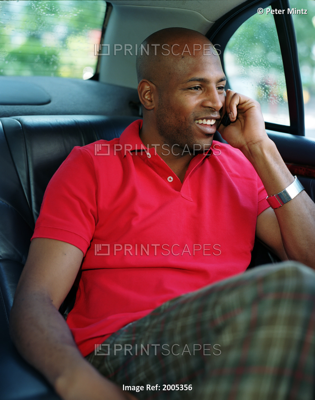 Man On Phone In Backseat Of Car, Toronto, Ontario