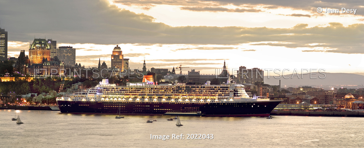 Queen Mary Ii Cruise Ship, Chateau Frontenac In Background, Quebec City.