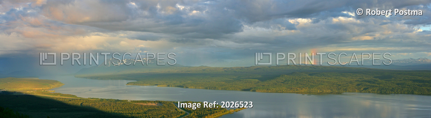 Panoramic Of An Approaching Storm And With A Rainbow In Background At Sunset, ...
