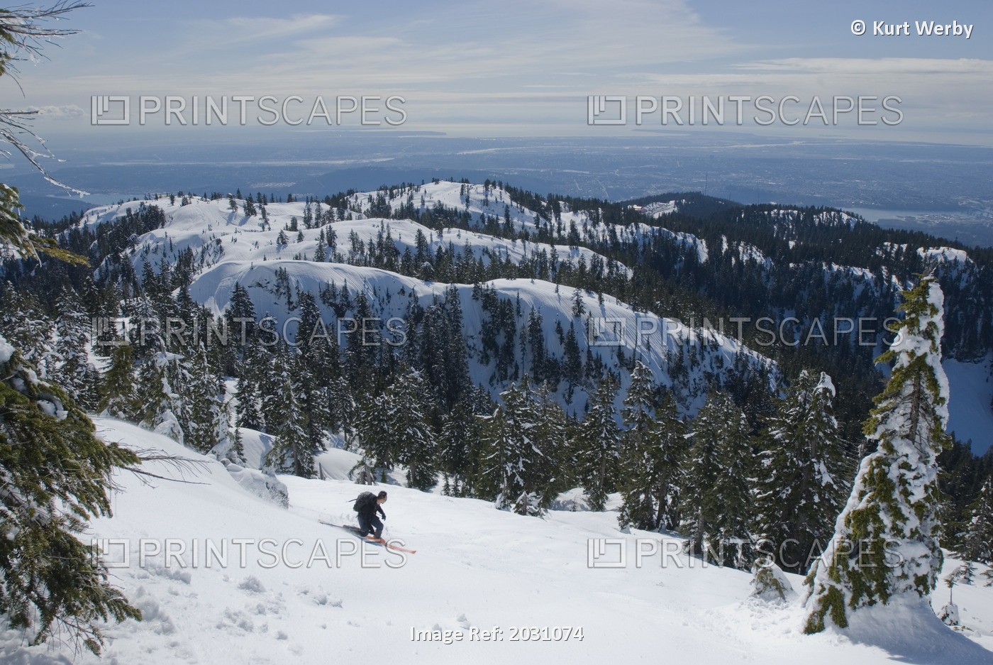 Man Skiing Below Mount Seymour With City In Distance, Mount Seymour Provincial ...