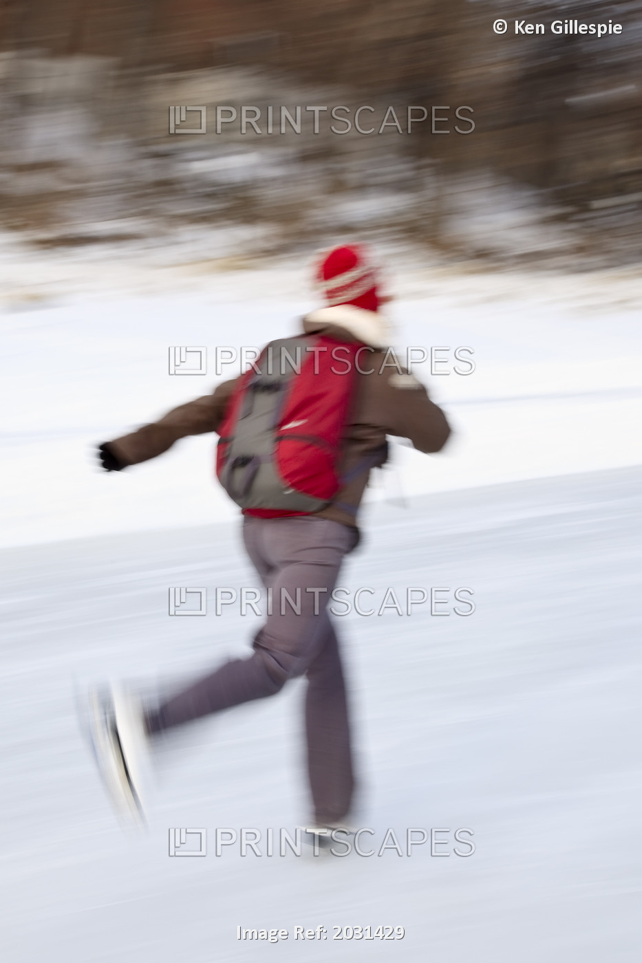 Woman Ice Skating On Frozen Assiniboine River Trail, Winnipeg, Manitoba