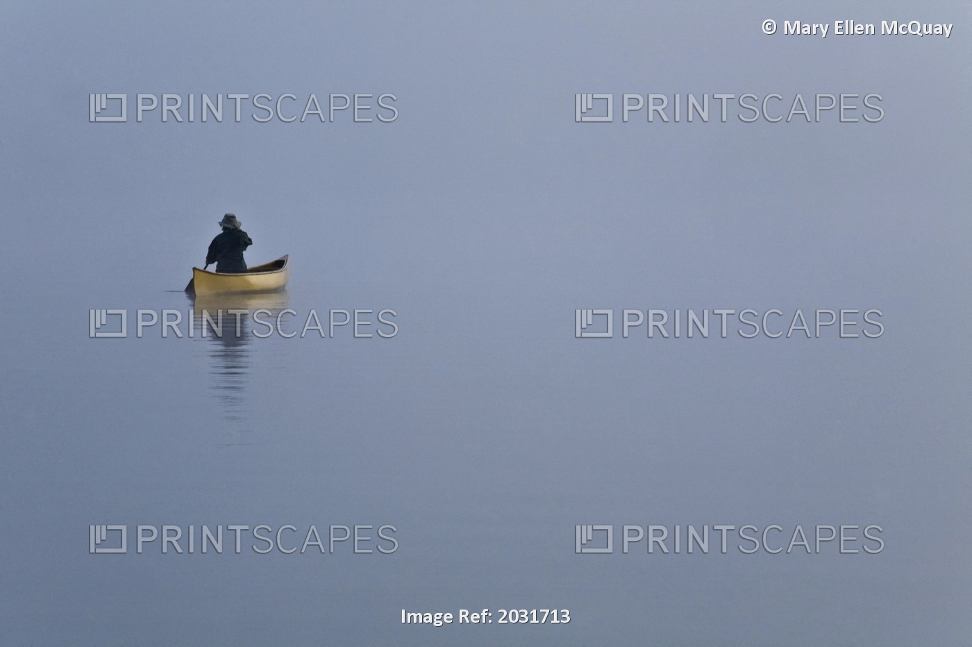 Woman Paddling Canoe In Morning Mist, Algonquin Park, Ontario