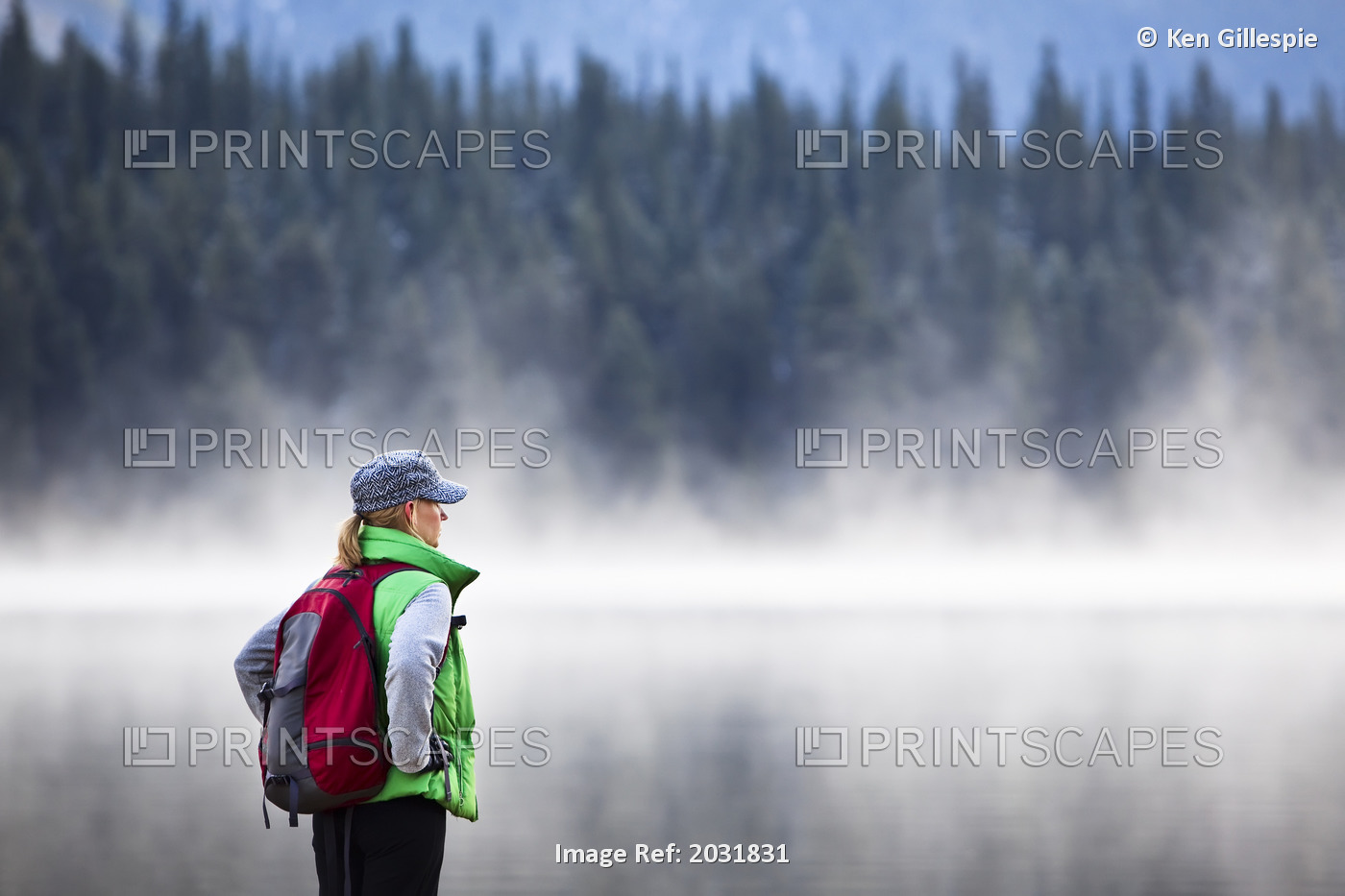 Hiker On Misty Fall Morning, Maligne Lake, Jasper National Park, Alberta
