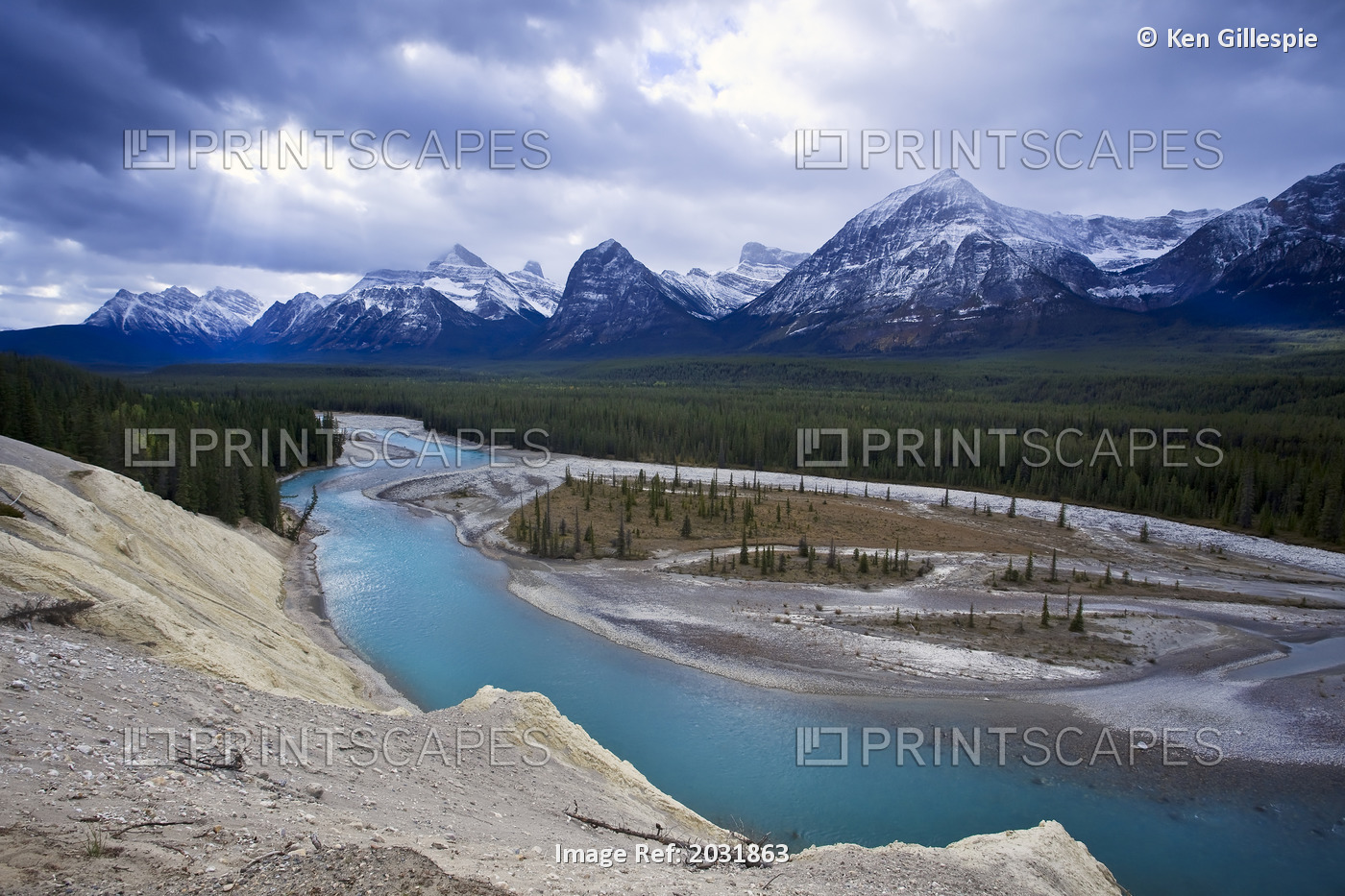 Athabasca River, Mount Christie And Mount Brussels From Icefields Parkway, ...