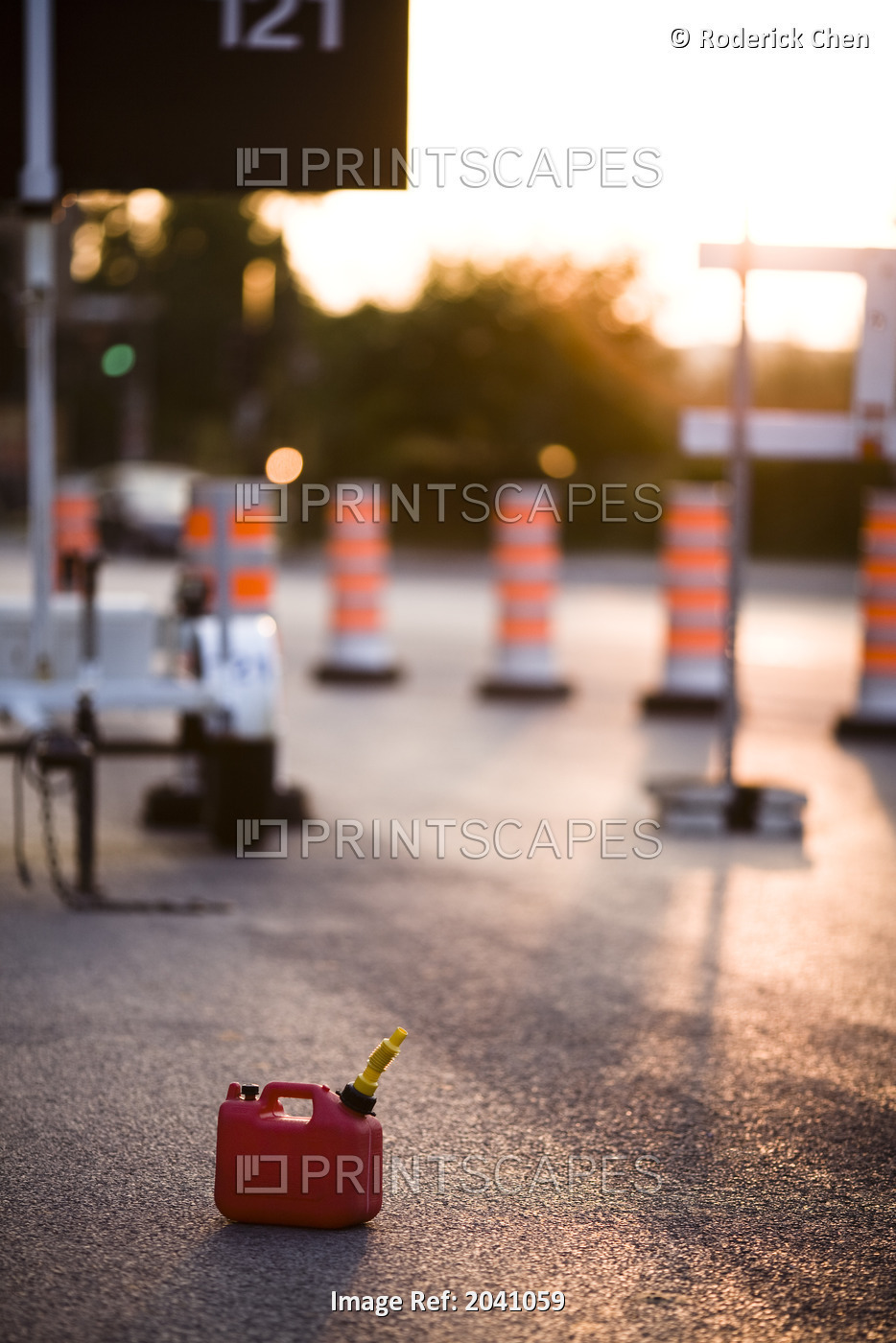 Portable Plastic Gas Can At The Entrance Of A Highway On Ramp, Montreal, Quebec