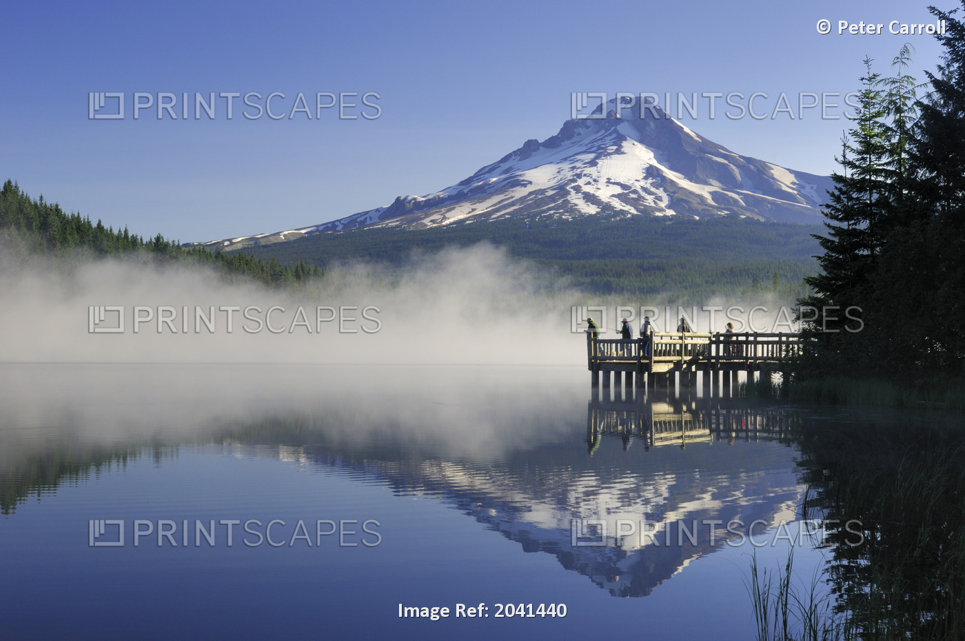 Fishermen Casting From A Dock On A Foggy Morning, Trillium Lake, Oregon