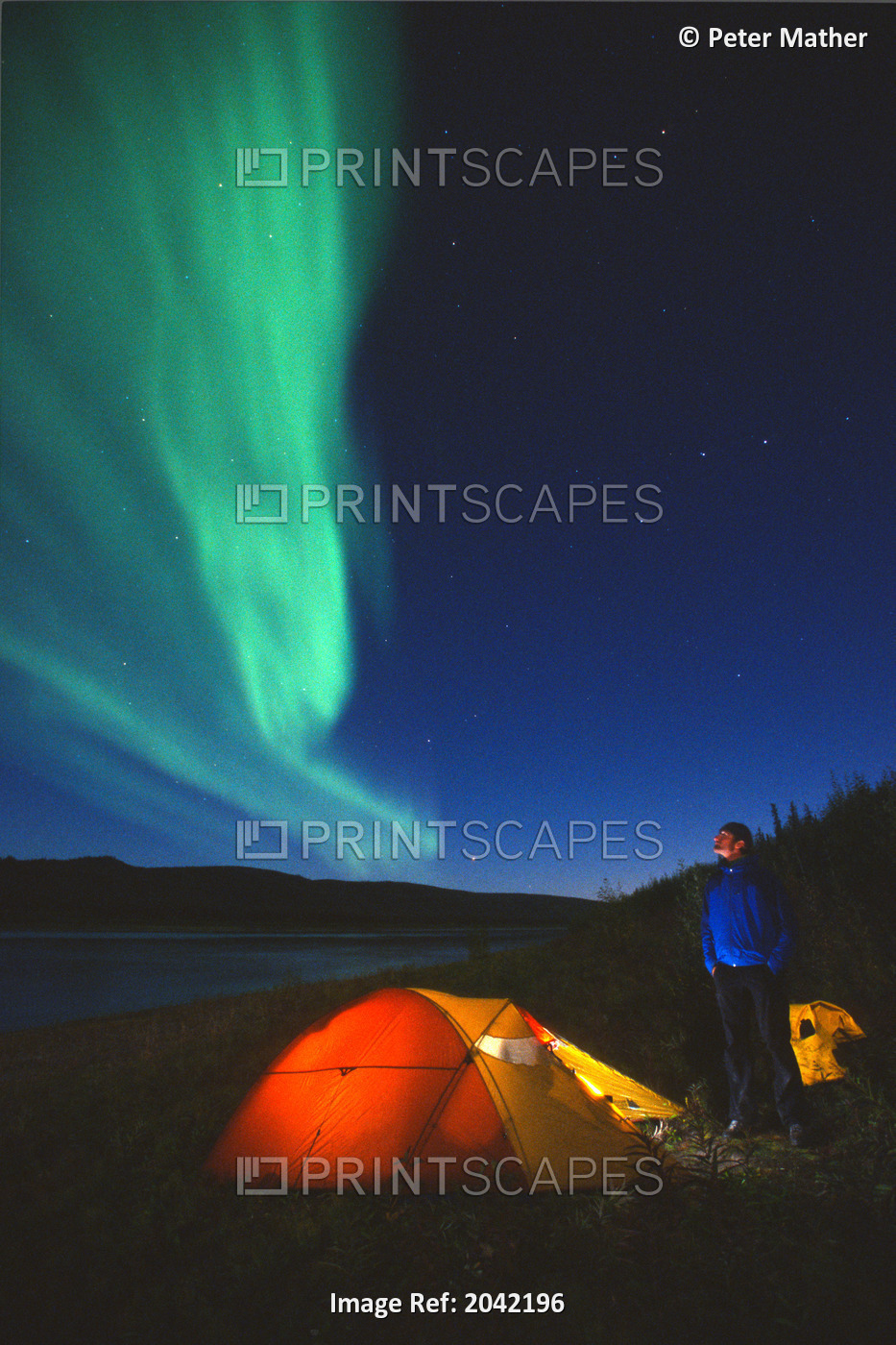 Aurora Borealis Above A Tent And Camper Along The Peel River, Fort Macpherson, ...