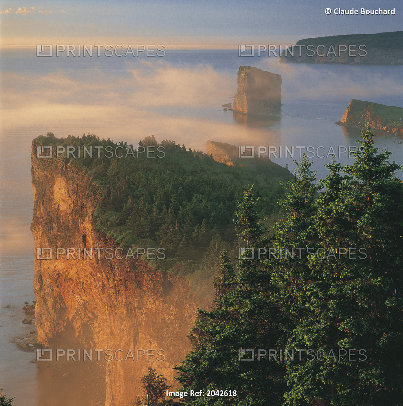 Perce Rock And The Three Sisters In Fog At Sunrise, Gaspe Peninsula, Quebec
