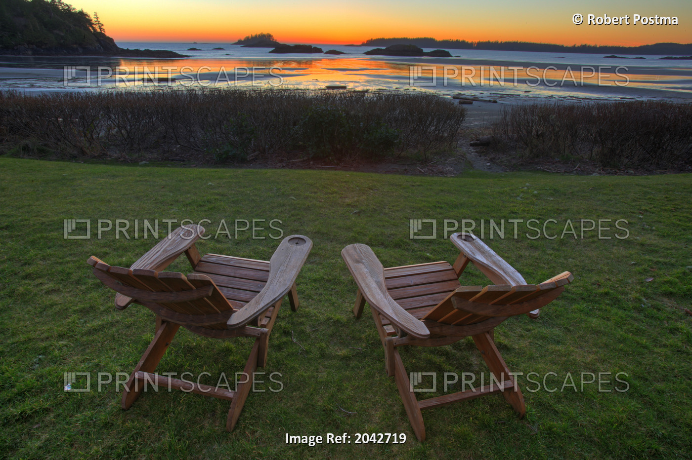 Pair Of Muskoka Chairs Facing The Sunset, Tofino, British Columbia