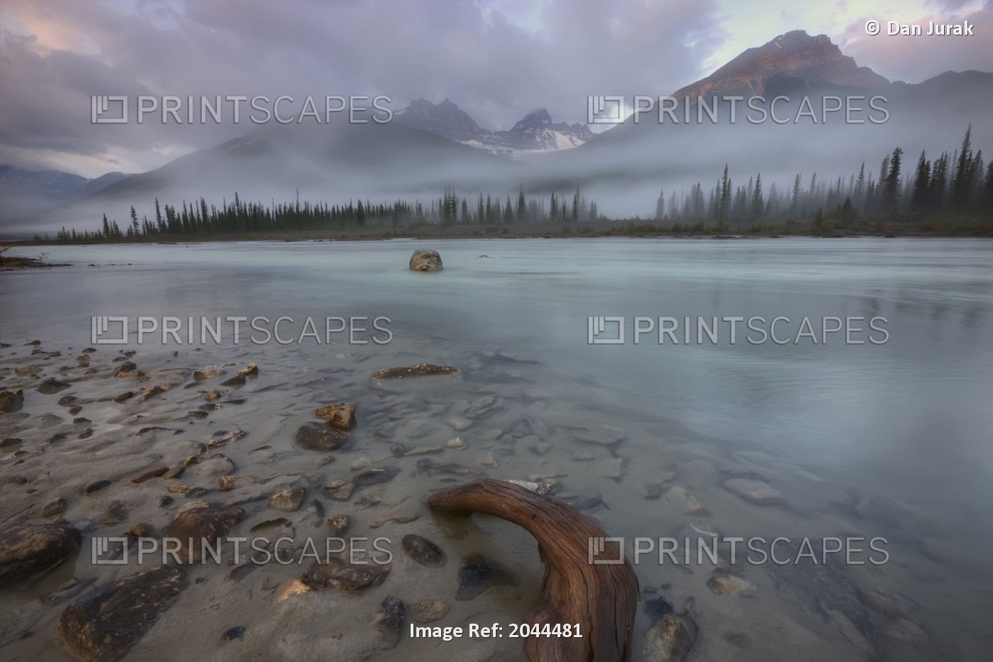 A Foggy, Early Morning On The Sunwapta River In Jasper National Park, Alberta