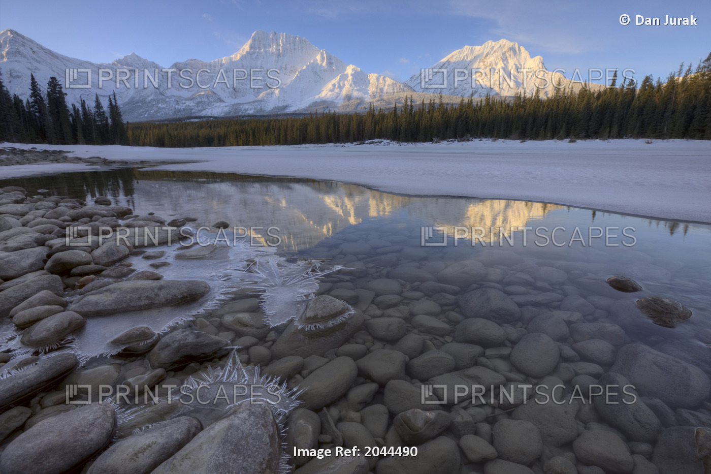 Winter Sunrise On The Athabasca River In Jasper National Park, Alberta, Canada