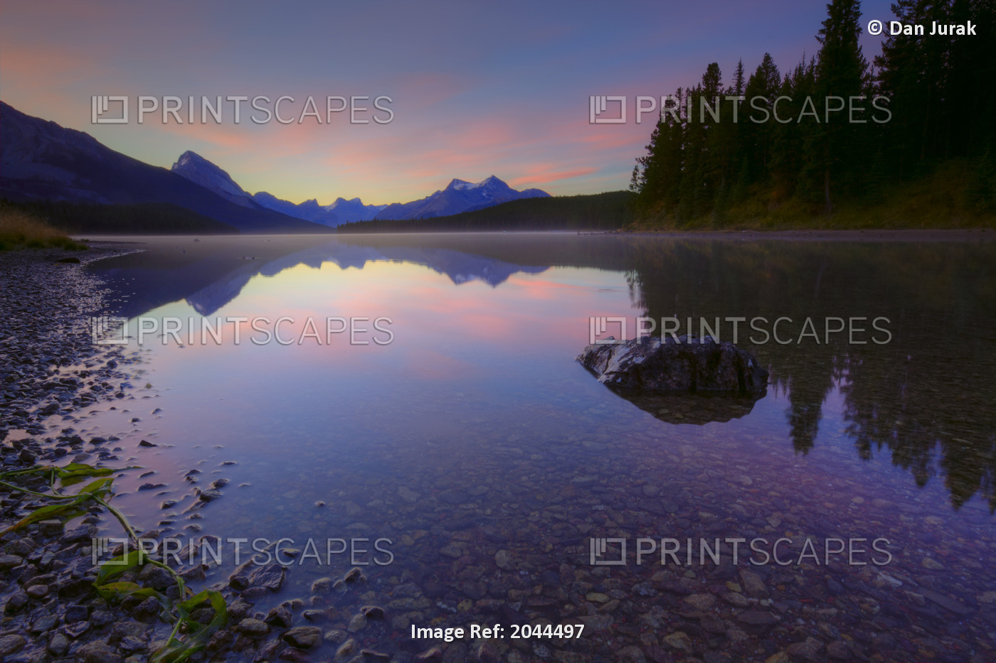 Early Morning On A Fog Covered Maligne Lake In Jasper National Park In The ...