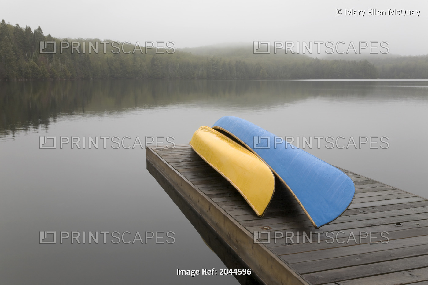 Blue And Yellow Canoes On Cottage Dock On A Misty Morning, Algonquin Park, ...
