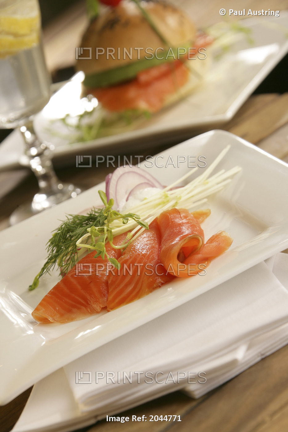 Plated Salmon Dish, Selective Focus, Salmon Burger And Glass