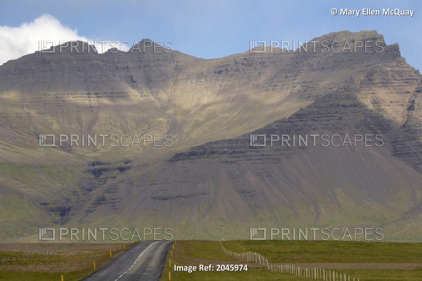 Highway And Mountain, Near Reykholt, Western Iceland