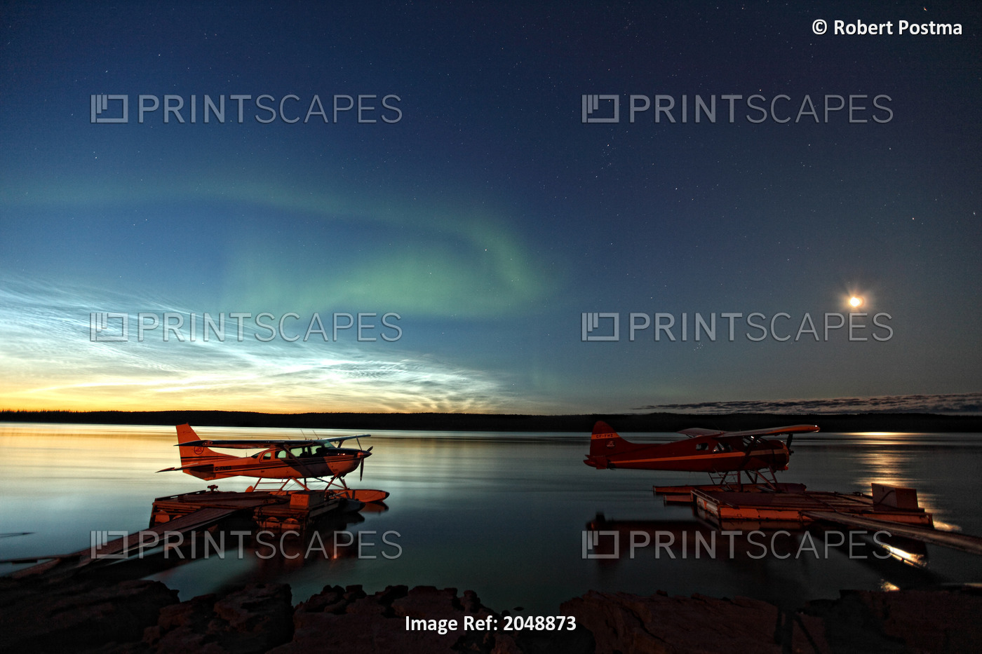 Aurora Borealis And Over The Mackenzie River With Float Planes In Foreground, ...