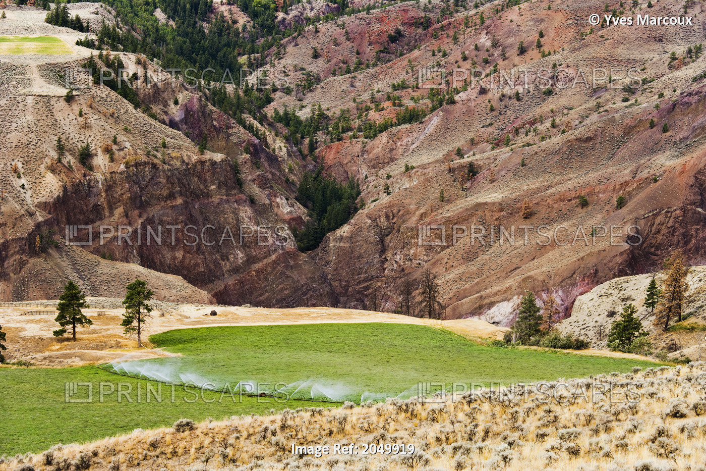 Irrigation System On Field And Red Rock Near Lillooet, British Columbia