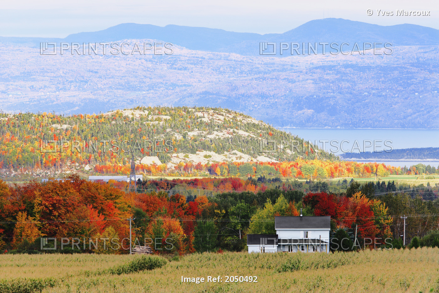 View Of A House Beyond A Field With St. Lawrence River And Mountains In The ...