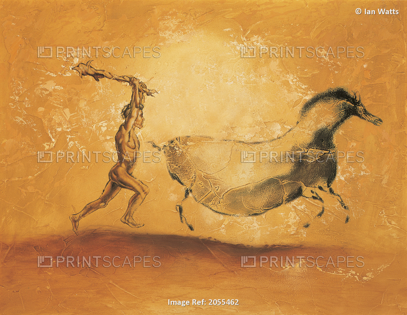 Fl4076, Ian Watts; Caveman Chasing Wild Animal With Club, Painting