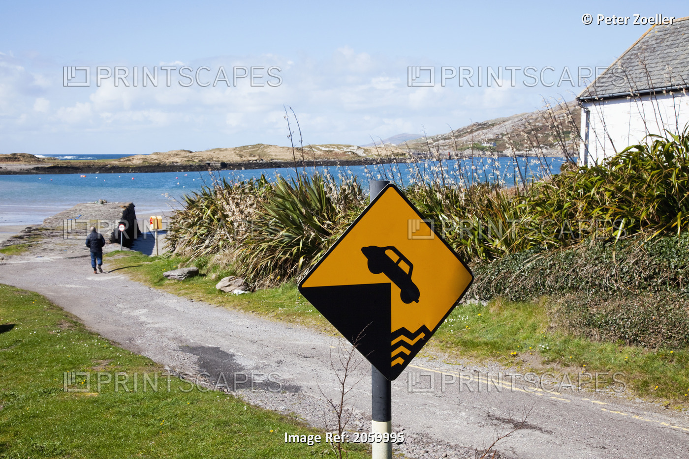 Sign Warning Of Drop Off Into Water At End Of Road At Derrynane Pier And Beach ...