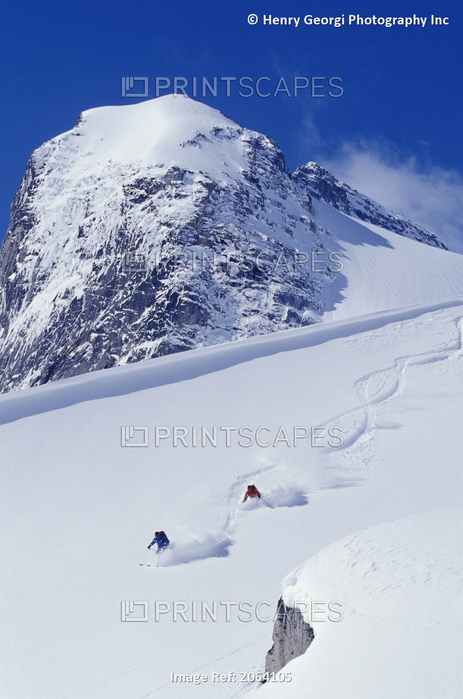 Two Young Men Skiing Untracked Powder In Figure 8's, Bugaboo Glacier Provincial ...