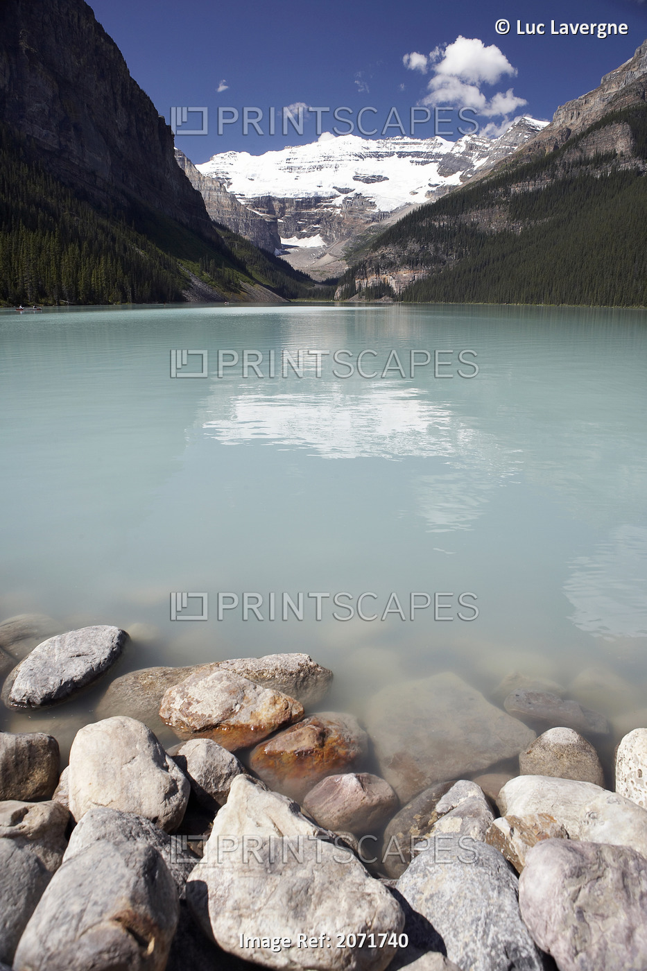 Alpine Lakeshore With Glacier Capped Mountains In The Background, Lake Louise, ...