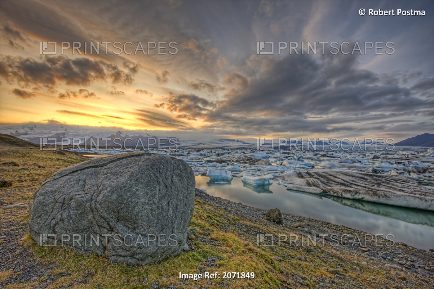 Sunset Over Tundra And The Glacial Lagoon, Southern Iceland