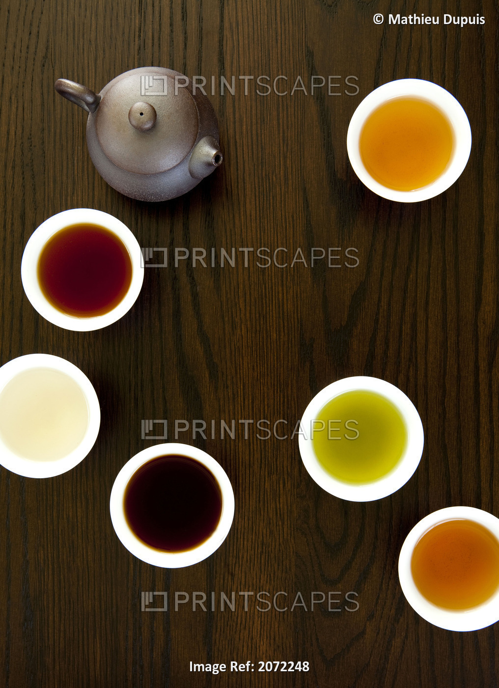 Teapot And Different Types Of Tea In Cups On A Wood Table