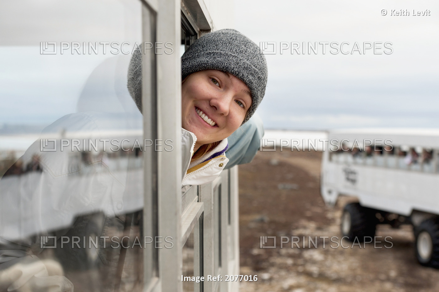 A Young Woman Looks Out The Window Of A Tundra Vehicle On A Polar Bear ...
