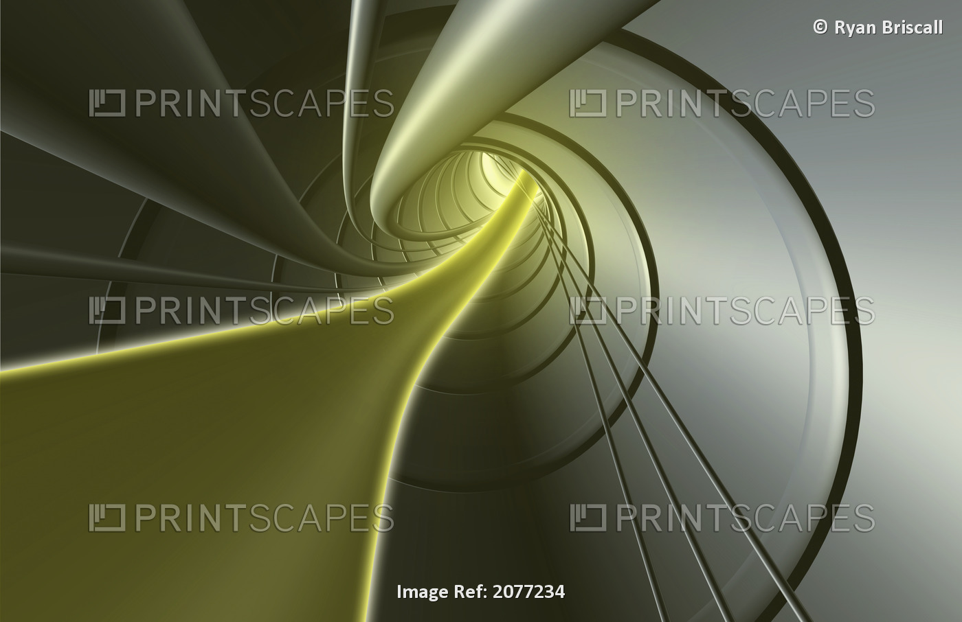 Computer Generated Strands Coming From A Tunnel In Yellow And Grey