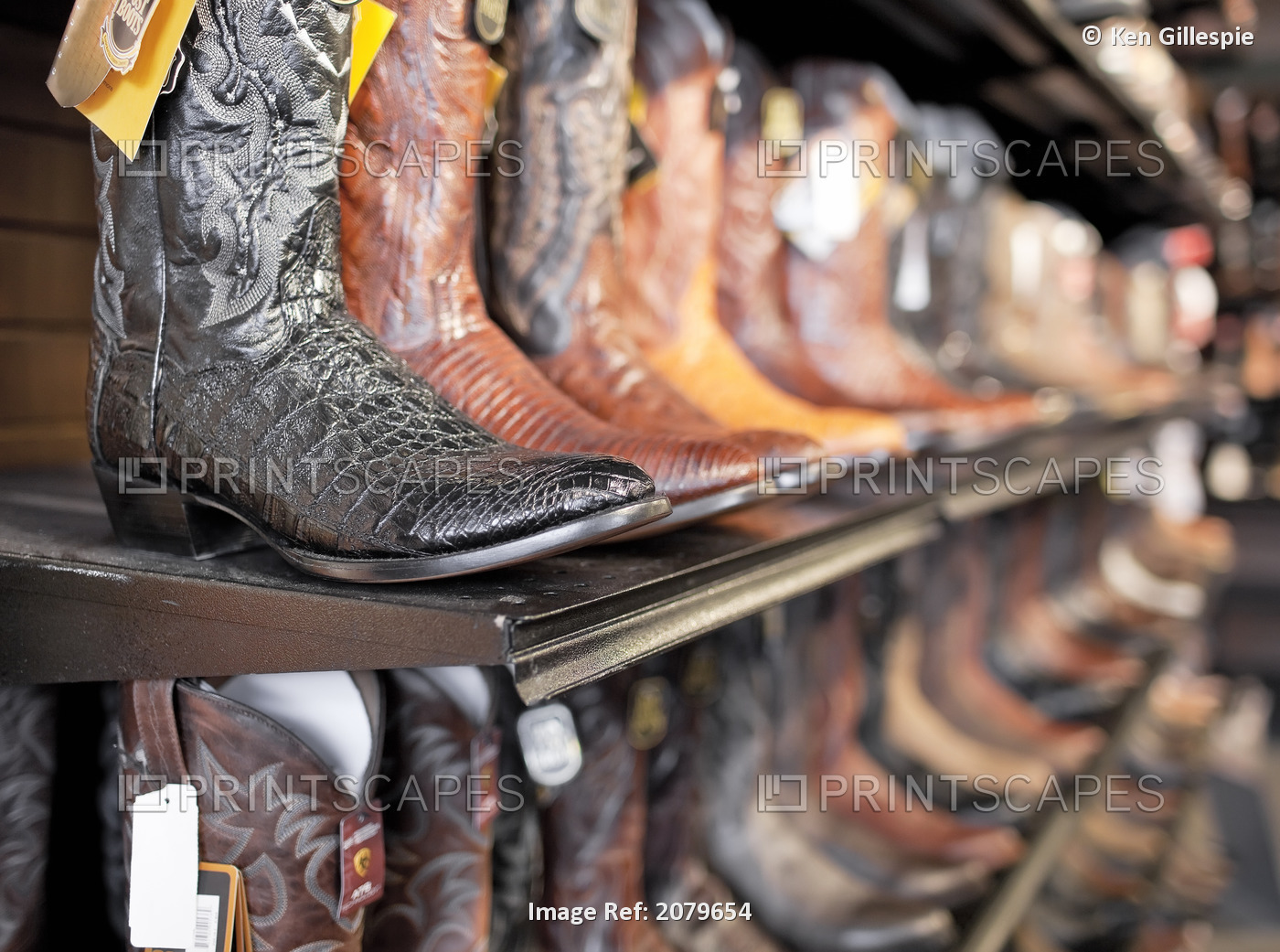 Rows Of Cowboy Boots In A Western Clothing Store. Banff, Alberta, Canada.